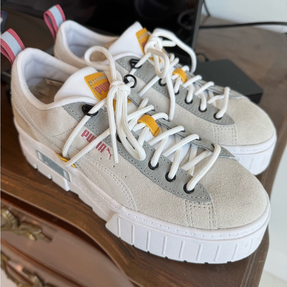 Puma Mayze Platform White and Tan Suede Sneakers